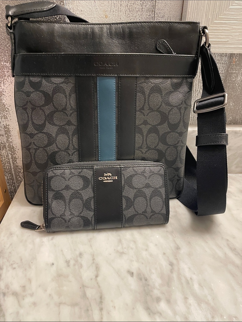 Coach signature Charles Crossbody with varsity stripe and matching wallet